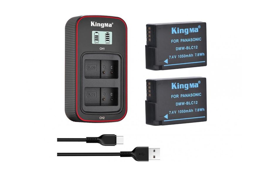 3-Pack KingMa DMW-BLC12 Комплект из 2 аккумуляторов KingMa Panasonic DMW-BLC12 и зарядного устройства на две батареи с ЖК-дисплеем