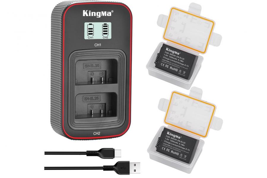 3-Pack KingMa EN-EL25 Комплект из 2 аккумуляторов KingMa Nikon EN-EL25 и зарядного устройства на две батареи с ЖК-дисплеем