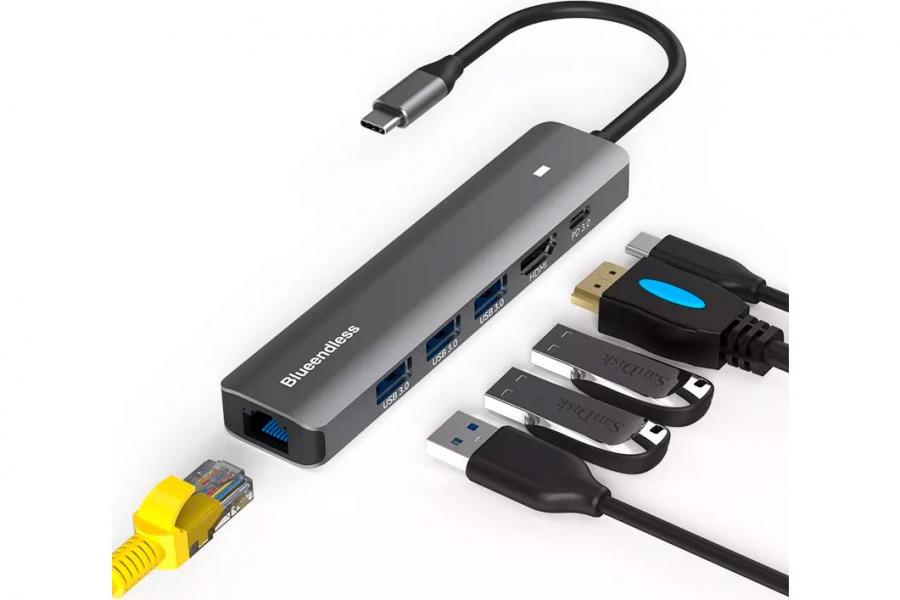 USB-C хаб 6-в-1 Blueendless Type-C 100W PD / LAN Ethernet / 3*USB 3.0 / 4K30Hz HDMI (LH06)