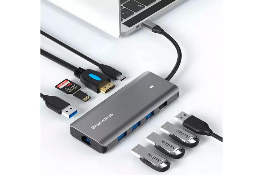 USB-C хаб 10-в-1 Blueendless Type-C 100W PD / HDTV 4K60Hz / LAN Ethernet / 3*USB 3.0 / 2*USB 2.0 / SD/MicroSD (HC106) 