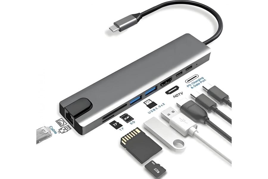 Type-C хаб Mindpure  8-в-1 HDMI + USB 3.0 + USB 2.0 + PD + RJ45 + SD + TF