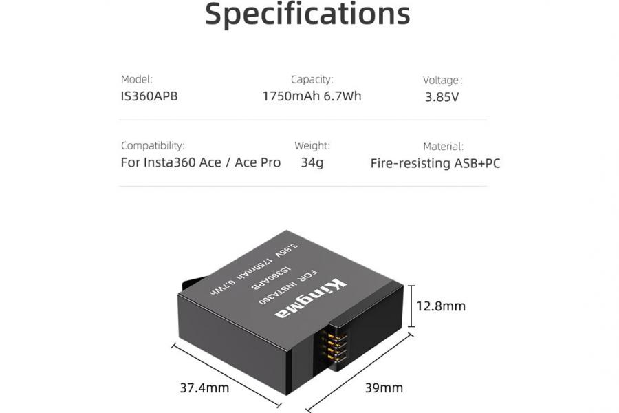 Акумулятор Insta IS360APB (KingMa) для Insta360 Ace Insta360 Ace Pro / Pro 2 (1750 mAh, 3.85V, 6.7 Wh)
